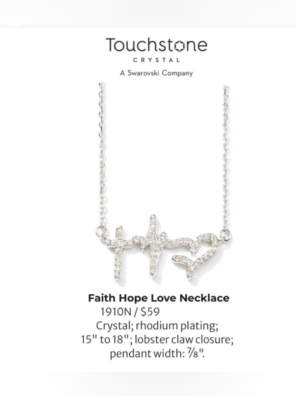 TSC Swarovski Faith Hope Love Necklace Silver $59 Retail Value BNIB